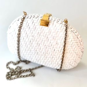 Vintage White Wicker Rattan Wood Clutch/Shoulder Bag